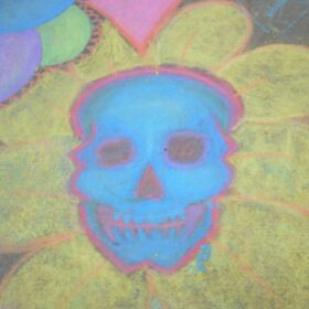 This blue skull is among vivid colors in the Chalk it Up! contest. Photo by Pete Zamplas.
