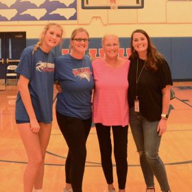 West Volleyball’s Mount Rushmore is, L-R, current star Emma Bryson, head coach Tiffany Lowrance (302 wins), her mother Jan Stanley (699 wins), and Emma’s mother April Sorrells Bryson who starred on Stanley’s 1991 state title squad. Photo by Pete Zamplas.