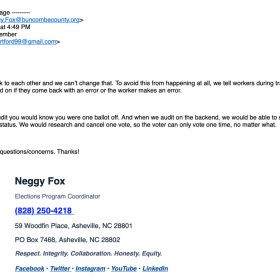 Neggy Fox, Buncombe County Election Preparation Specialist reply email to Precinct Captain Kay Olsen. Screenshot by Clint Parker.