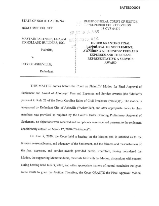 Scan documents of Order Granting Approval of Settlement between Mayfair Partners, LLC & Ed Holland Builders, Inc against the City of Asheville. Documents submitted.